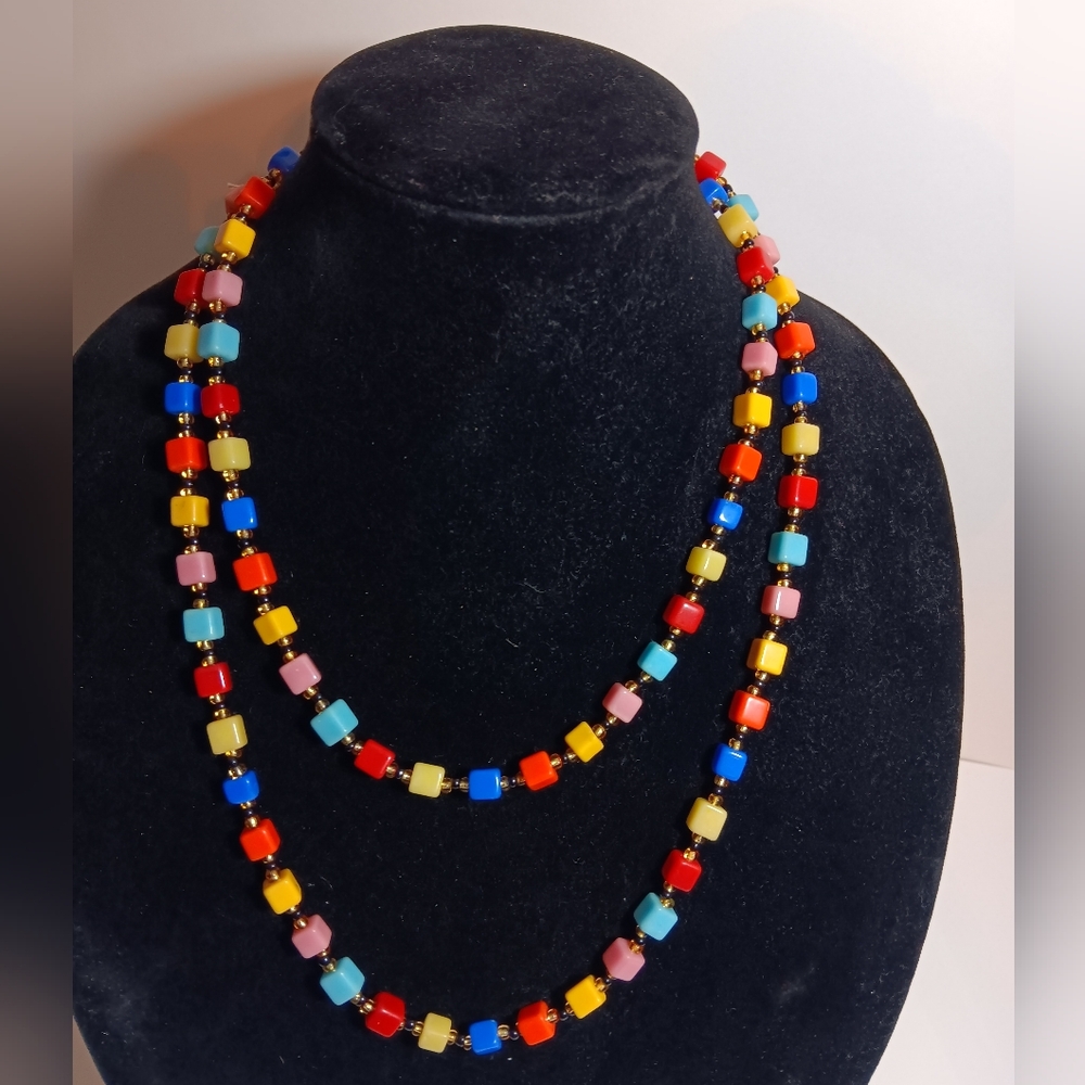 Multi Colored Square Bead 48" Long Necklace